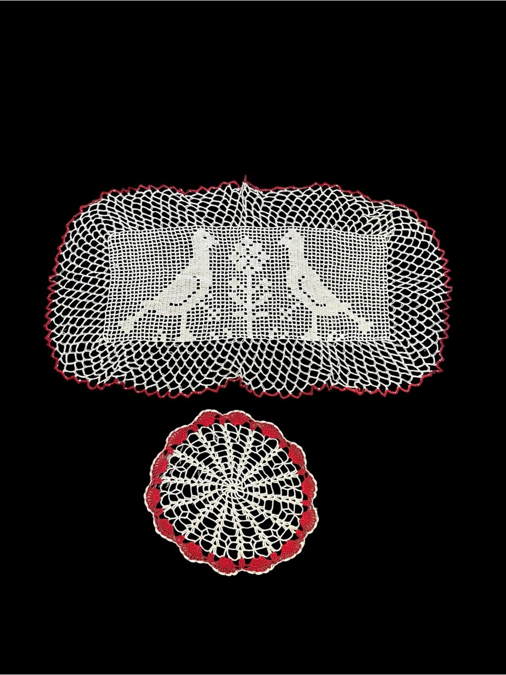 VTG Handcrafted Filet Crochet Doilies Two Birds Tree Rectangle Round Set of 2